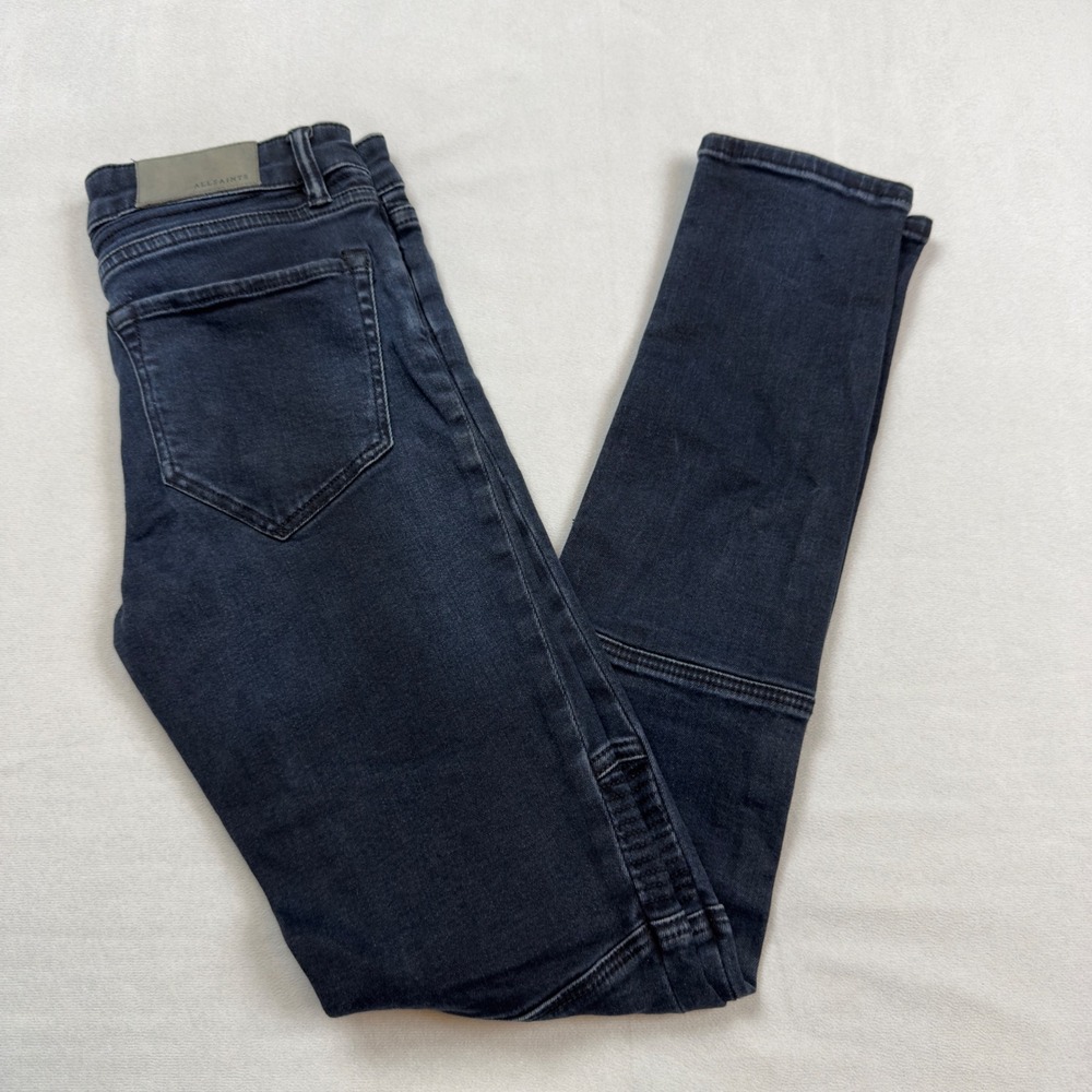 AllSaints Biker Skinny Jeans Womens 26 Blue Black Moto Ribbed Knee Stretch Denim